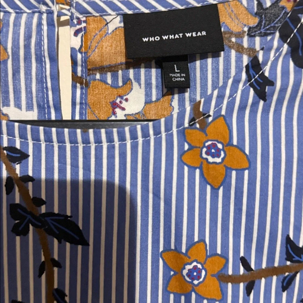 Who What Wear Blue Striped Floral Long-Sleeve Top